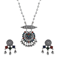 Silver Oxidised Finish Meenakari Jewellery Set for Navratri