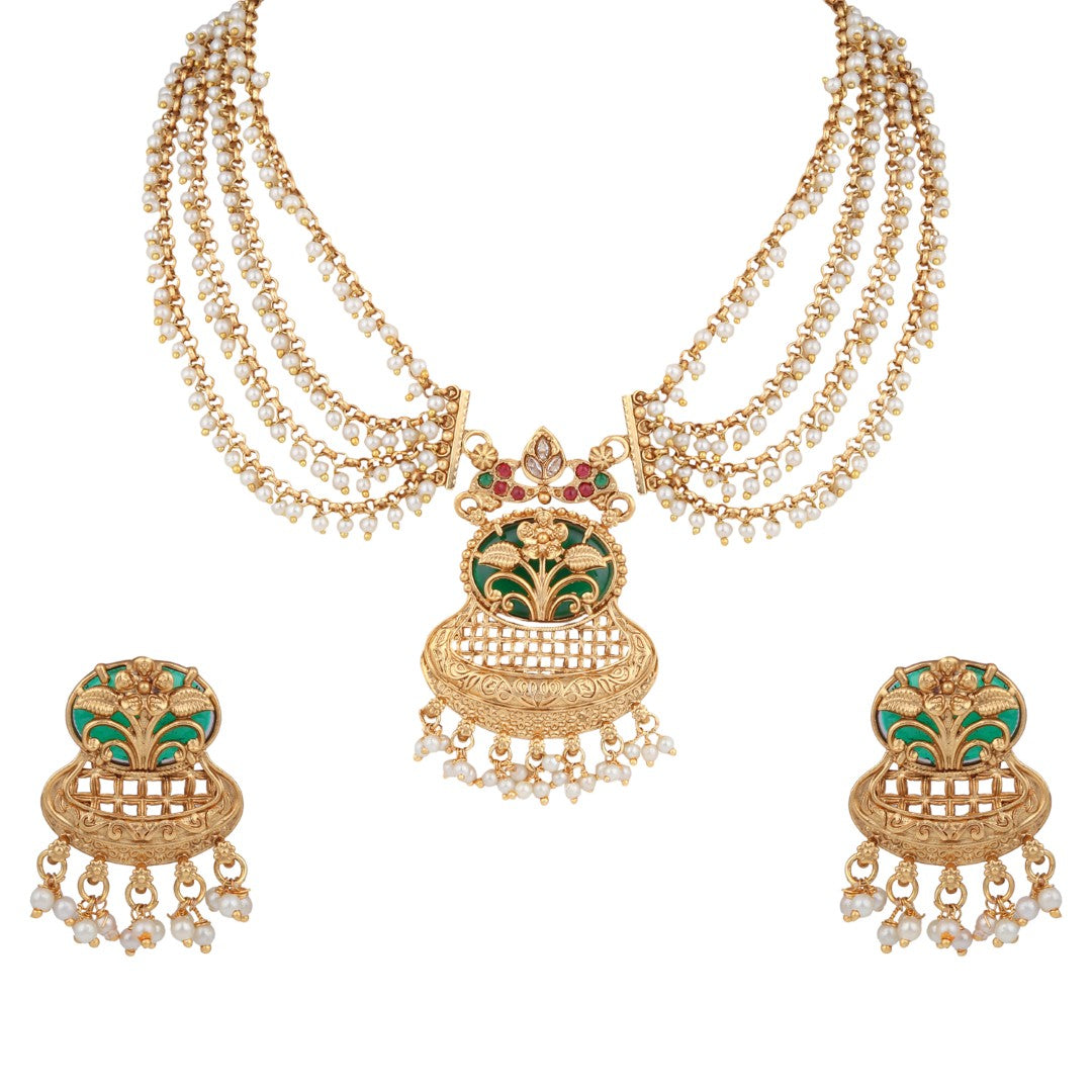 Antique Gold Layered Kundan Necklace Set with drop Earrings Green