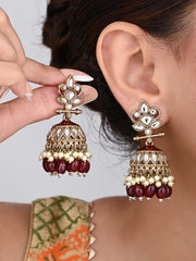Gold plated Kundan & Meenakari Jhumka Earrings - Red