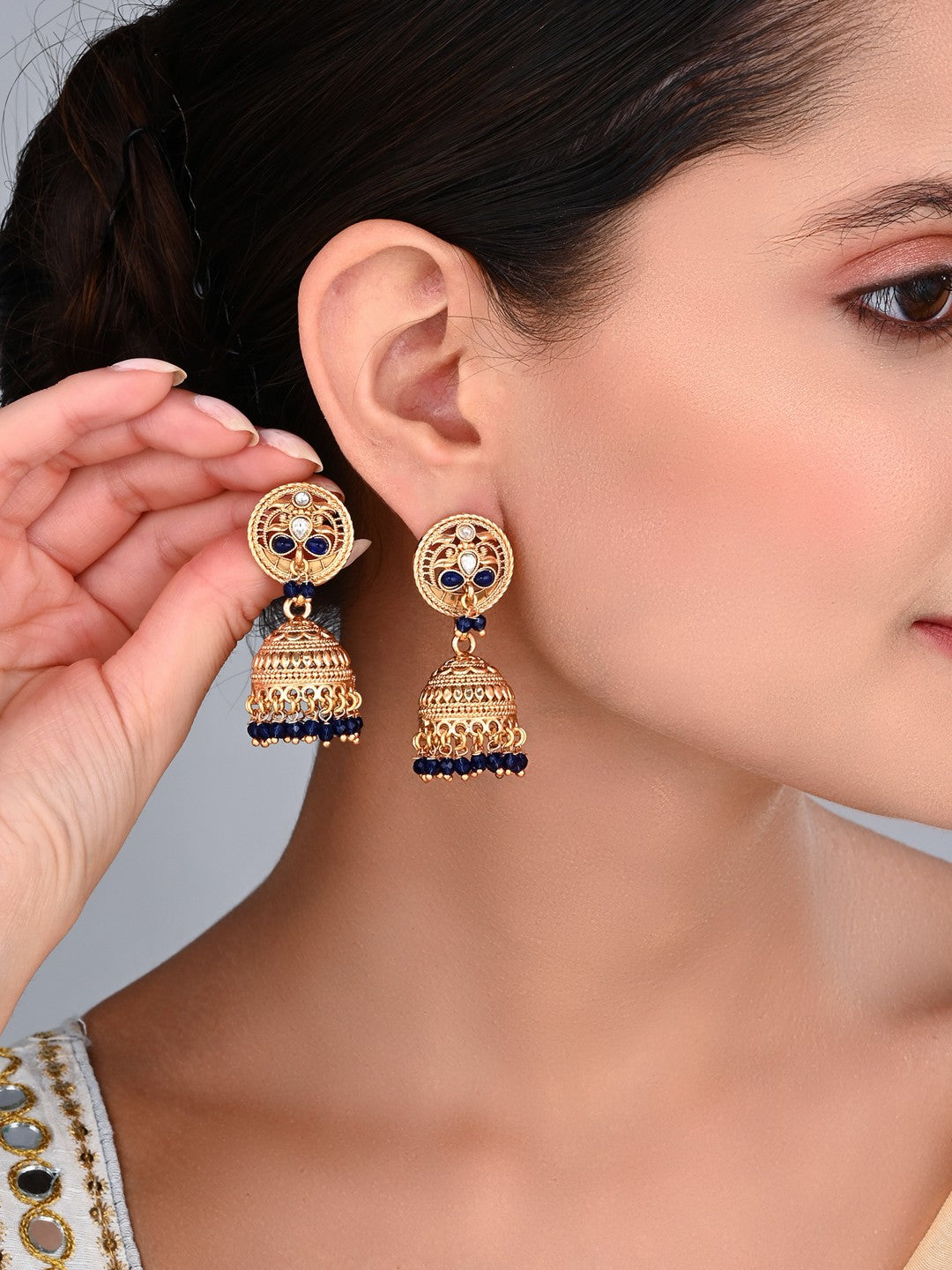 Royal Blue Stone Gold-Toned Jhumka Earrings