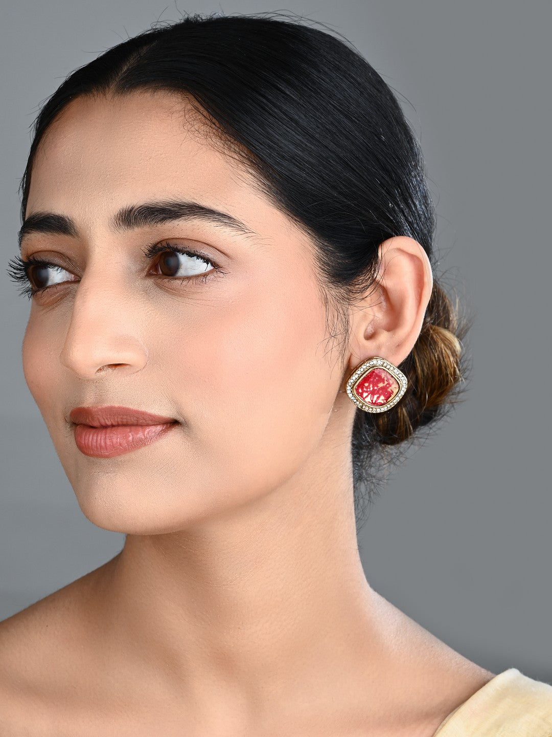 Heritage-Inspired Stone Stud Earrings - Red