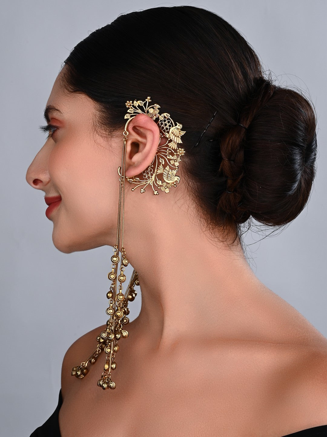 Samaira Gold Floral Ear Cuff Chain Earrings