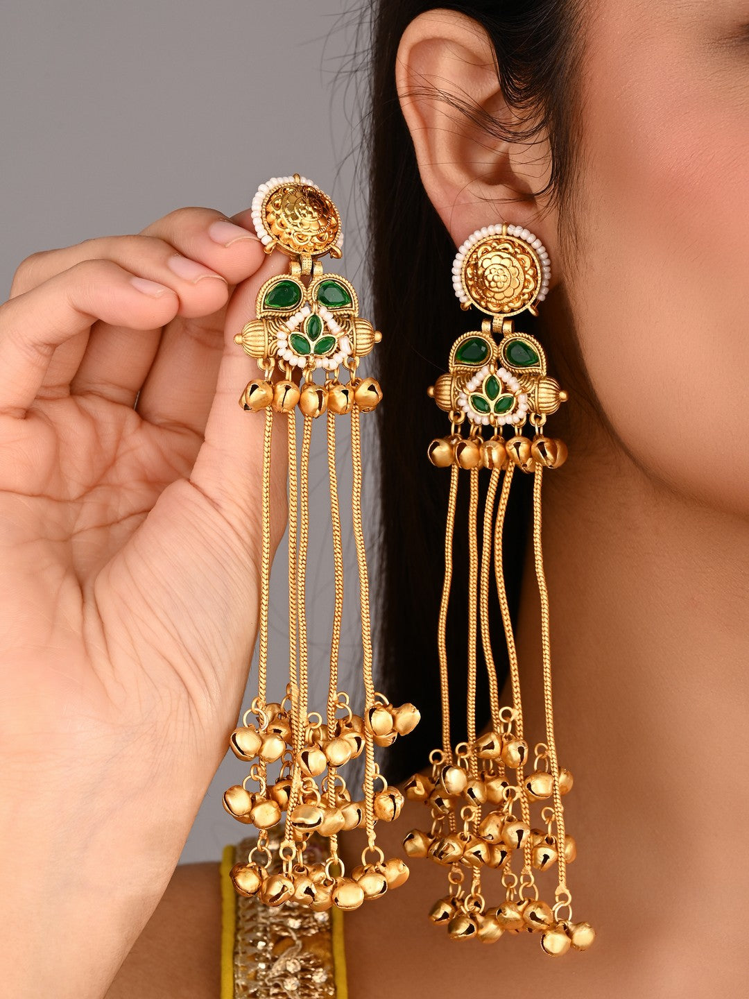 Kashmiri Long drop Ghungroo Earring - Green