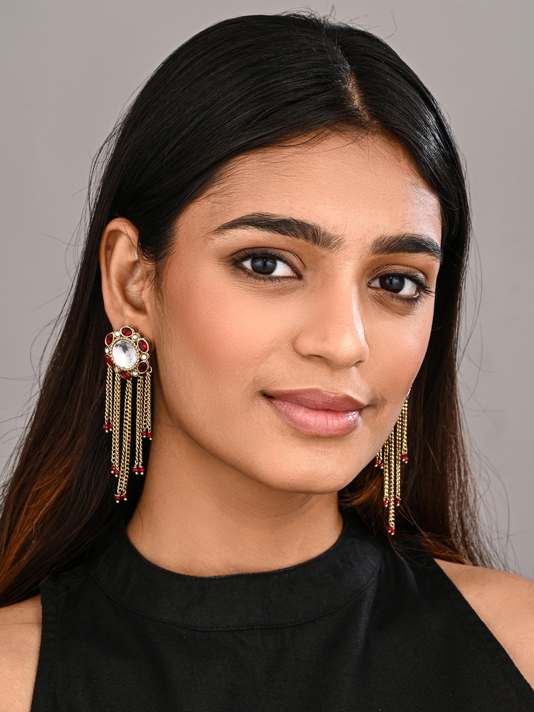 Kundan Tassel Drop Earrings - Red