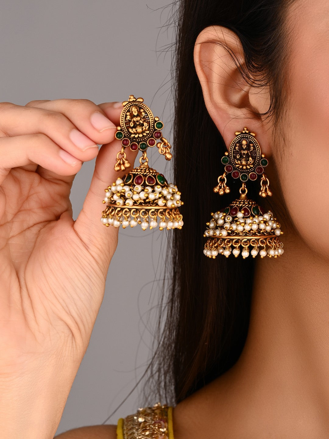 Gold Plated Red & green stone Jhumka Earring