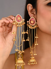 Gold Pink Meenakari Jhumka Drop Earrings