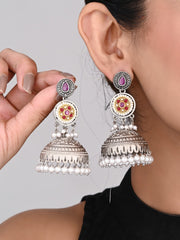 Silver plated long Jhumka - Red