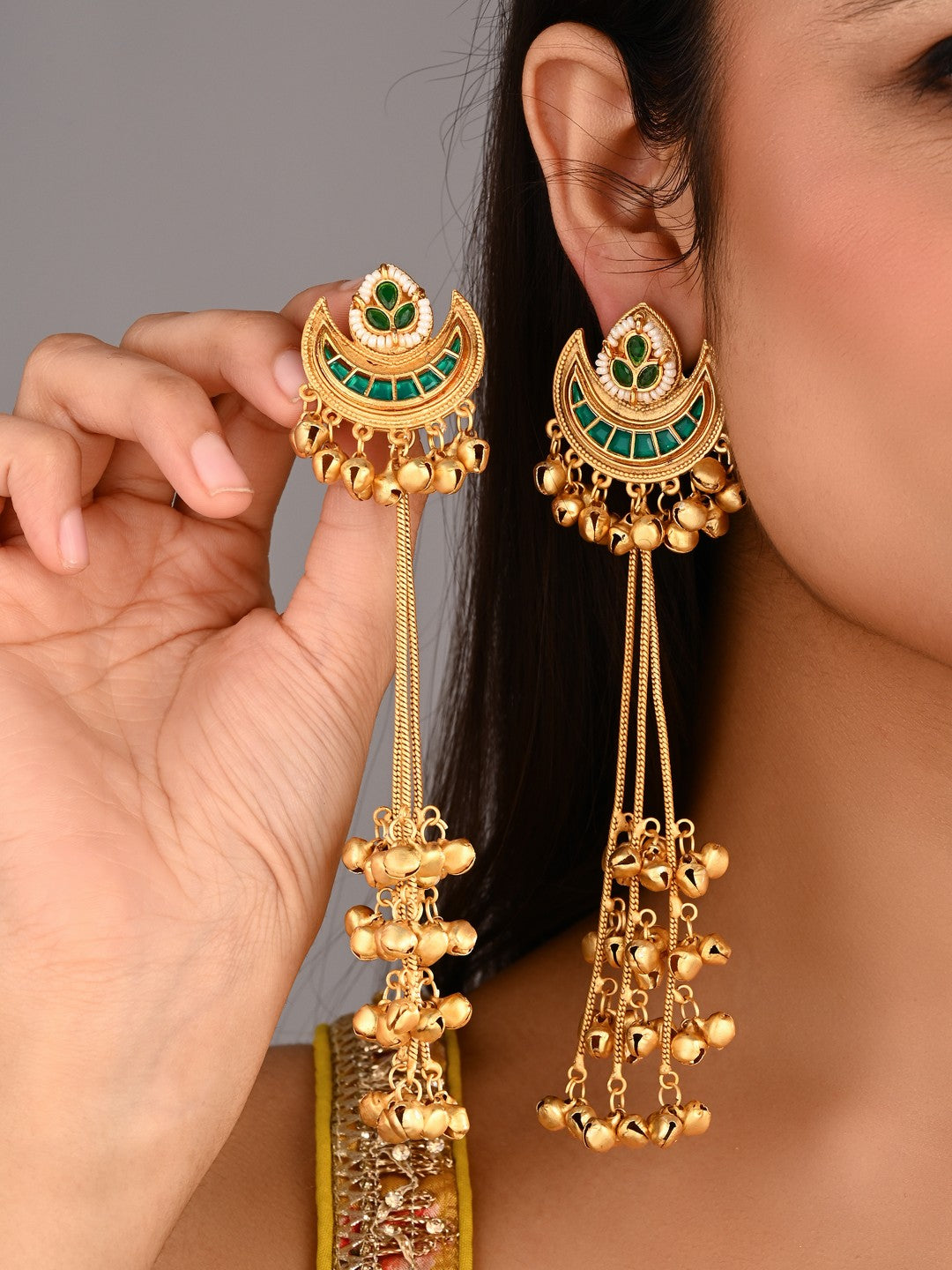 Emerald Crescent Moon Jhumka Earrings