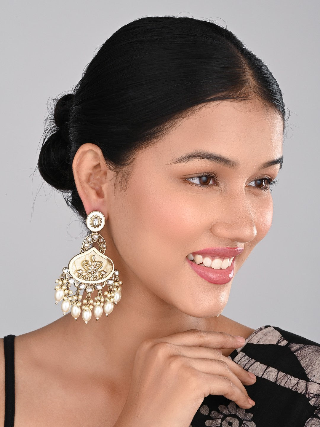 Mother of pearl Chandbali with White Meenakari & White pearl drops