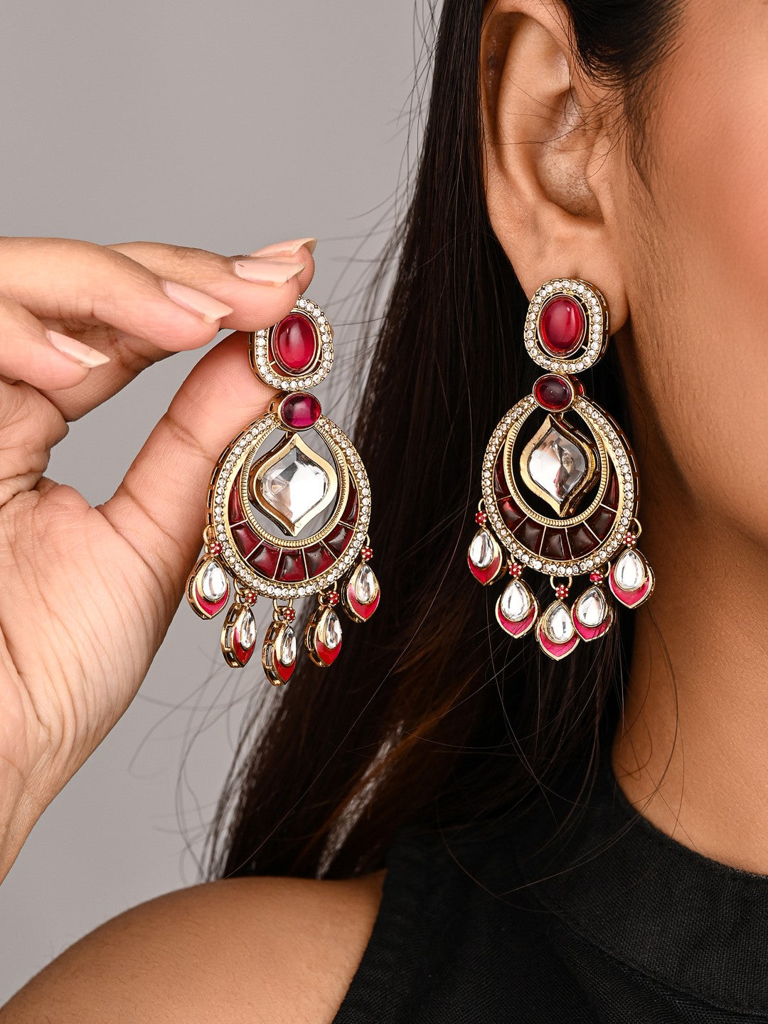 Kundan Chandbali Earrings with Teardrop Danglers- Pink