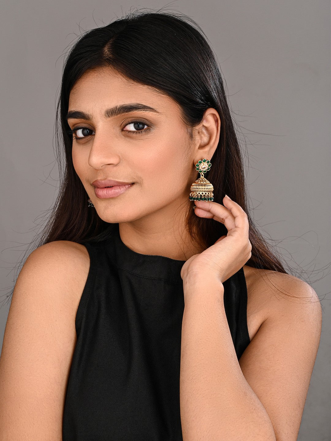 Emerald Bloom Copper Jhumka Earrings