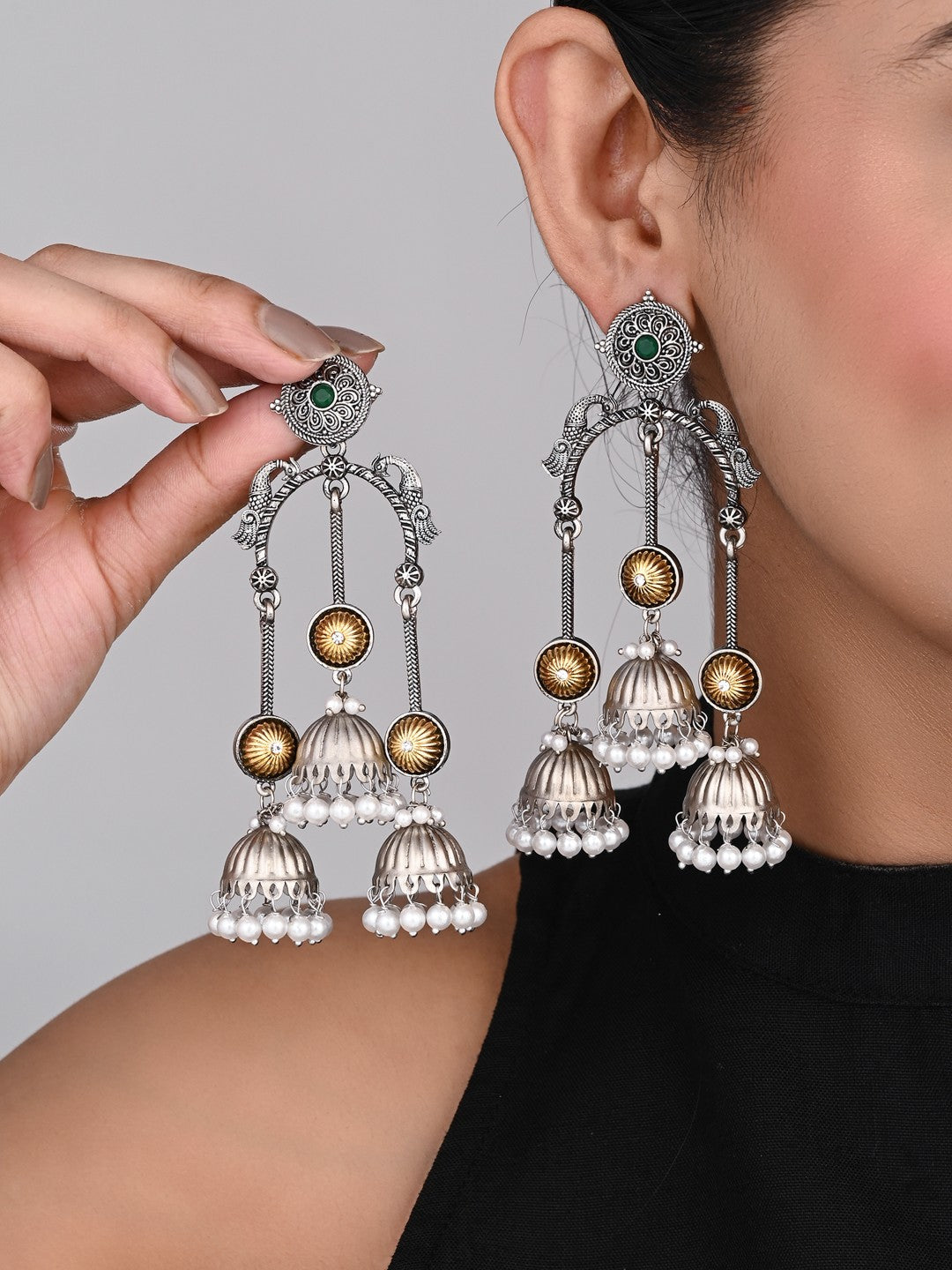 Dual tone Jhumka Earring -Silver & gold