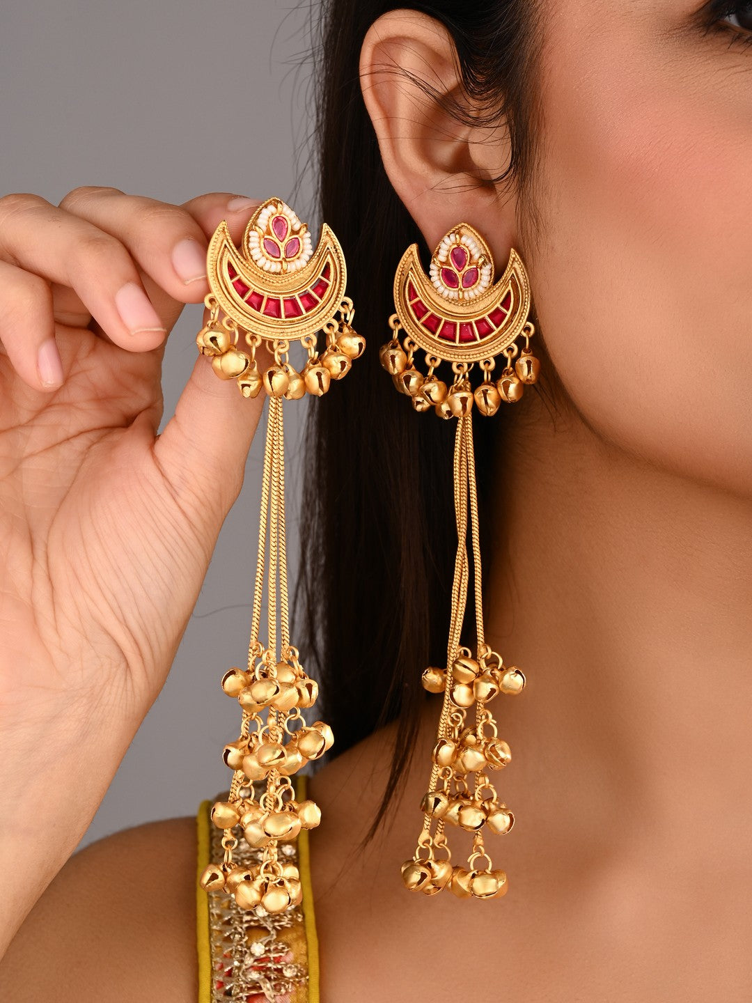 Red Enamel Crescent Moon Jhumka Earrings