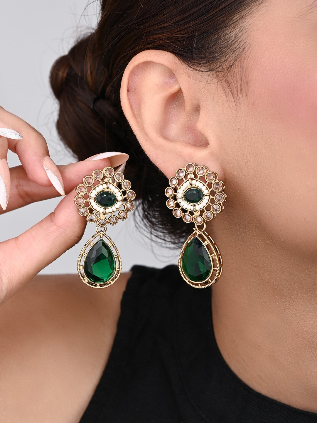 Gold plated Flower Stud with tear drop earring - Green