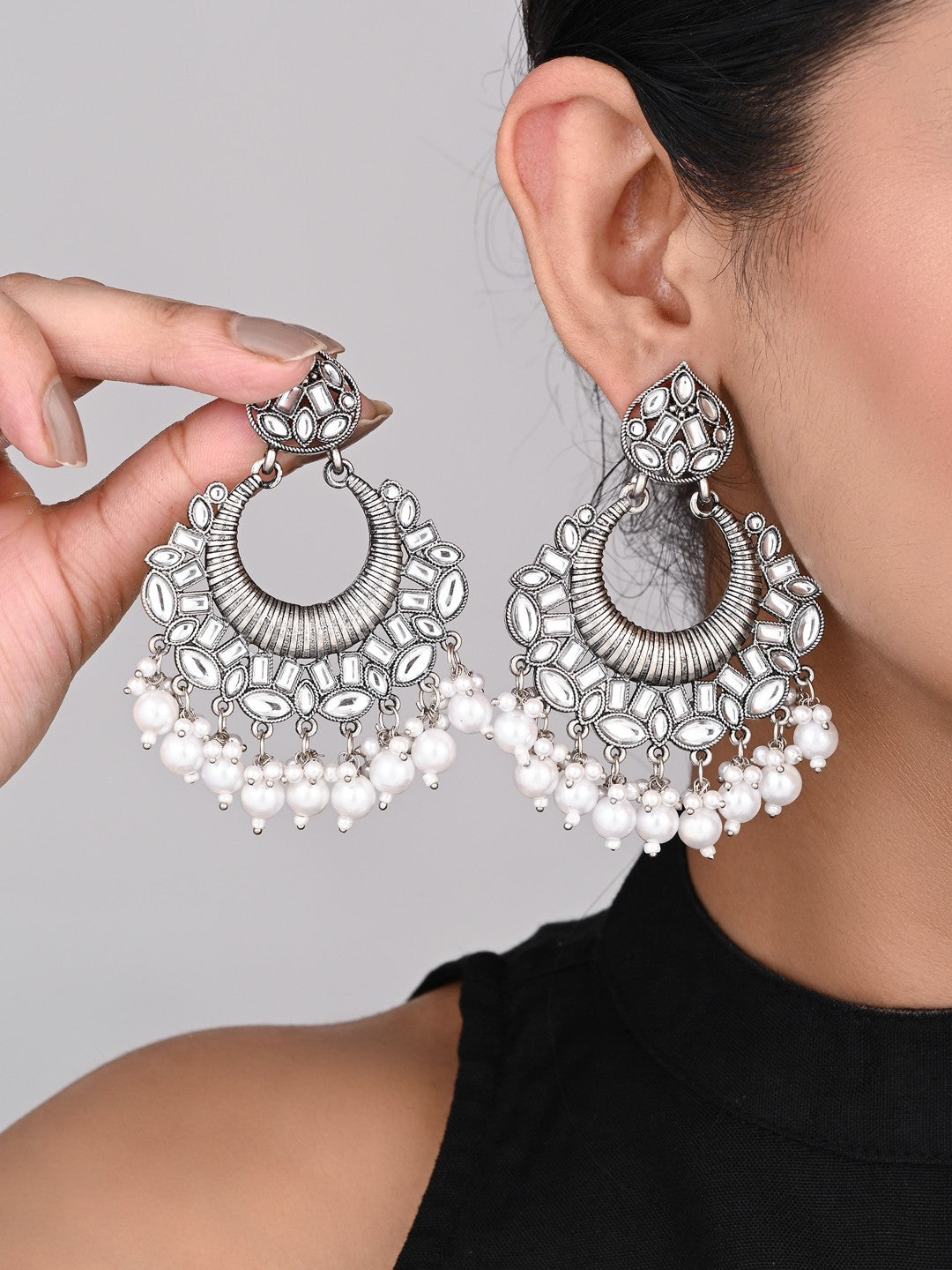 Silver plated Chandbali with pearl drops