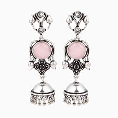 Silver oxydised lightweight long Jhumka Pink