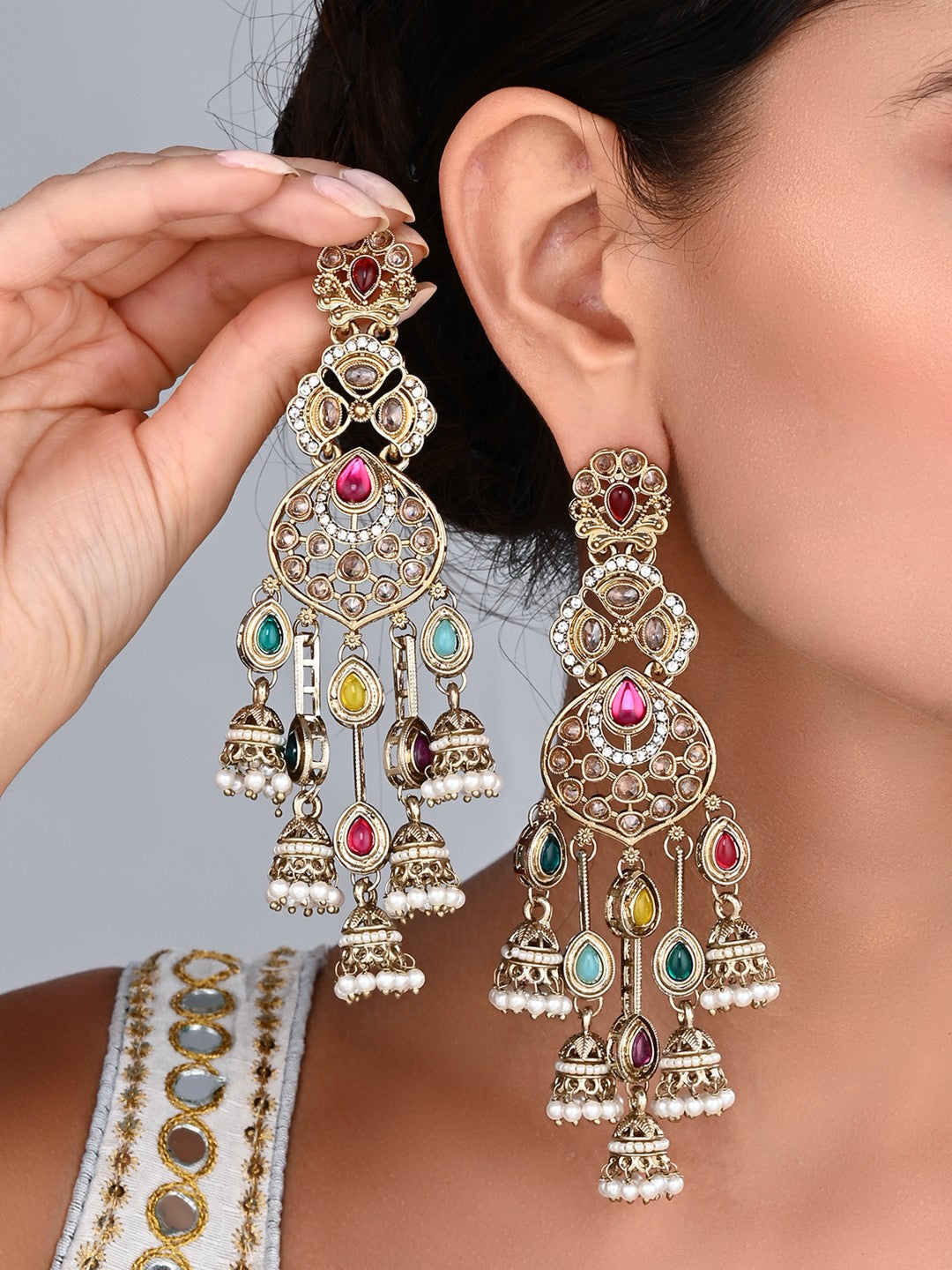 Gold-Toned Multicolour Kundan Chandelier Earrings