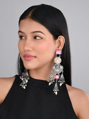 Silver oxydised lightweight long Drop Earring with Pink Stone