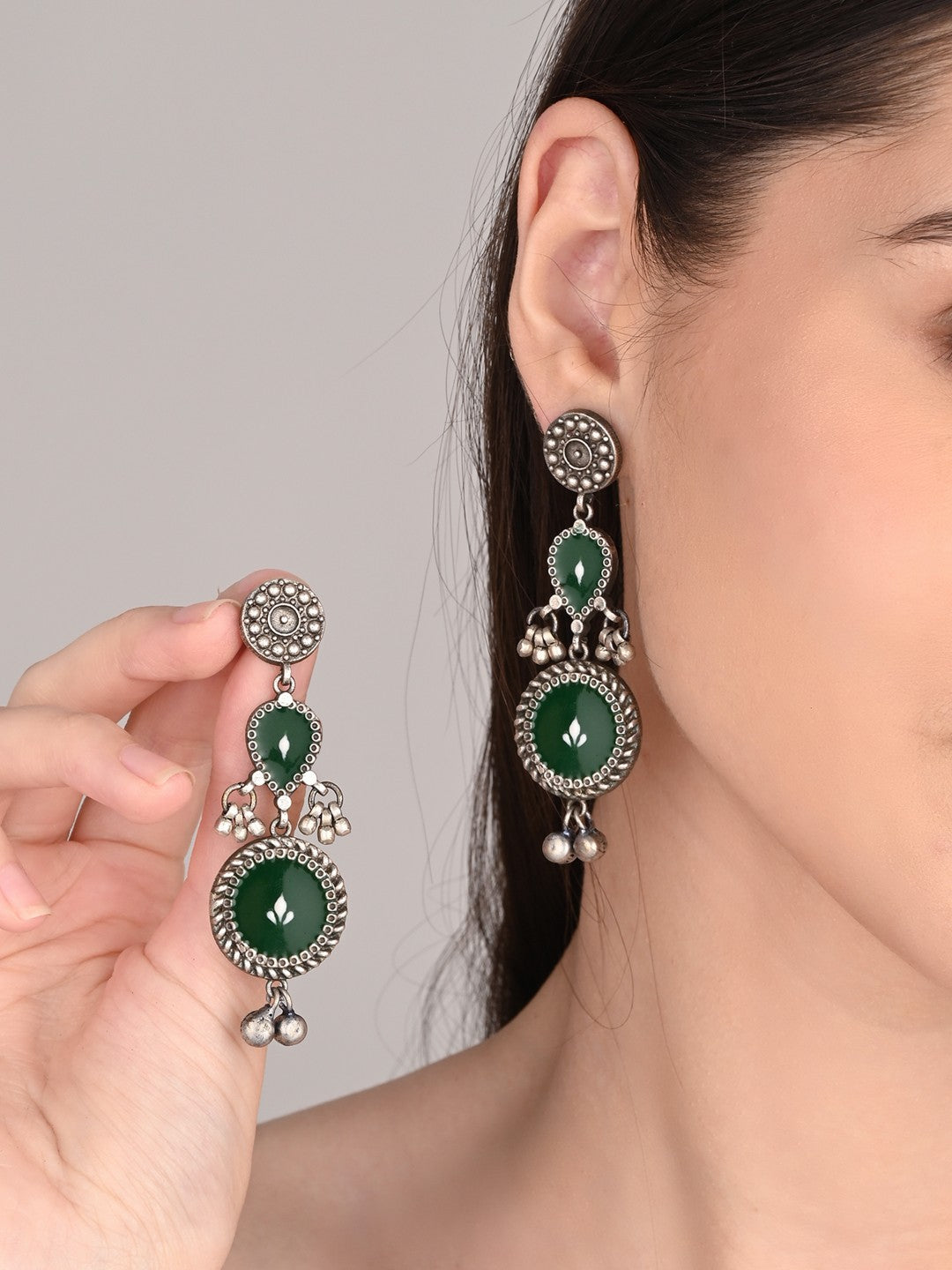 Hand-Painted circular Drop Earrings Green