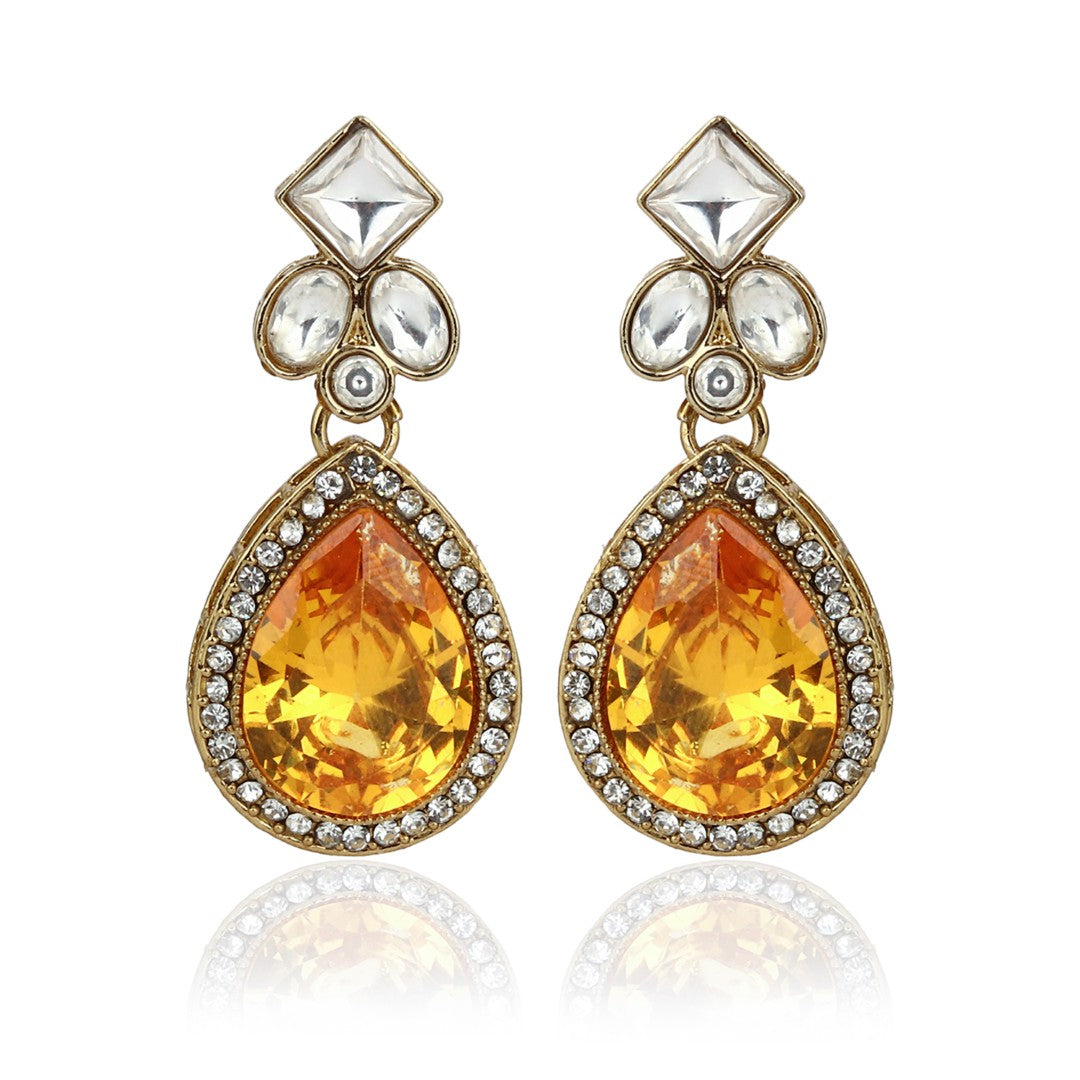 Gold-Toned Teardrop Kundan Crystal Drop Earrings for Women Yellow