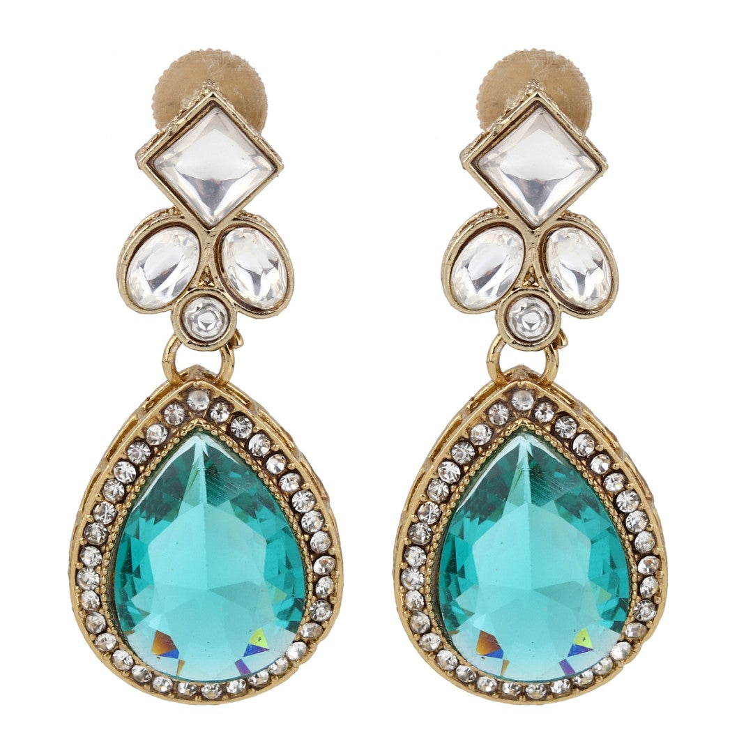 Gold-Toned Teardrop Kundan Crystal Drop Earrings for Women Blue