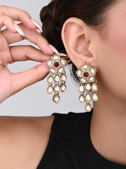 Gold plated Kundan flower drop Earrings - Red