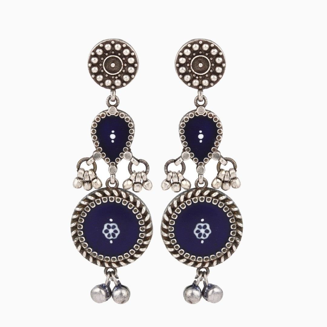 Hand-Painted circular Drop Earrings Blue