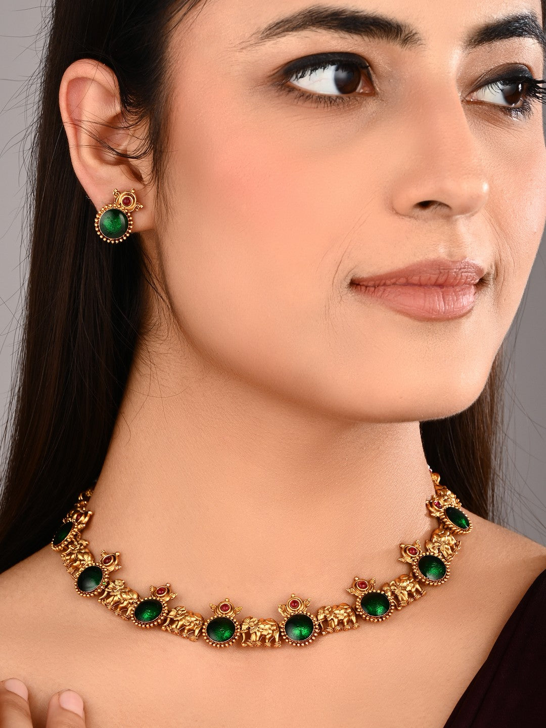 Gold plated Meenakari & Elephant Motif Necklace set - Green