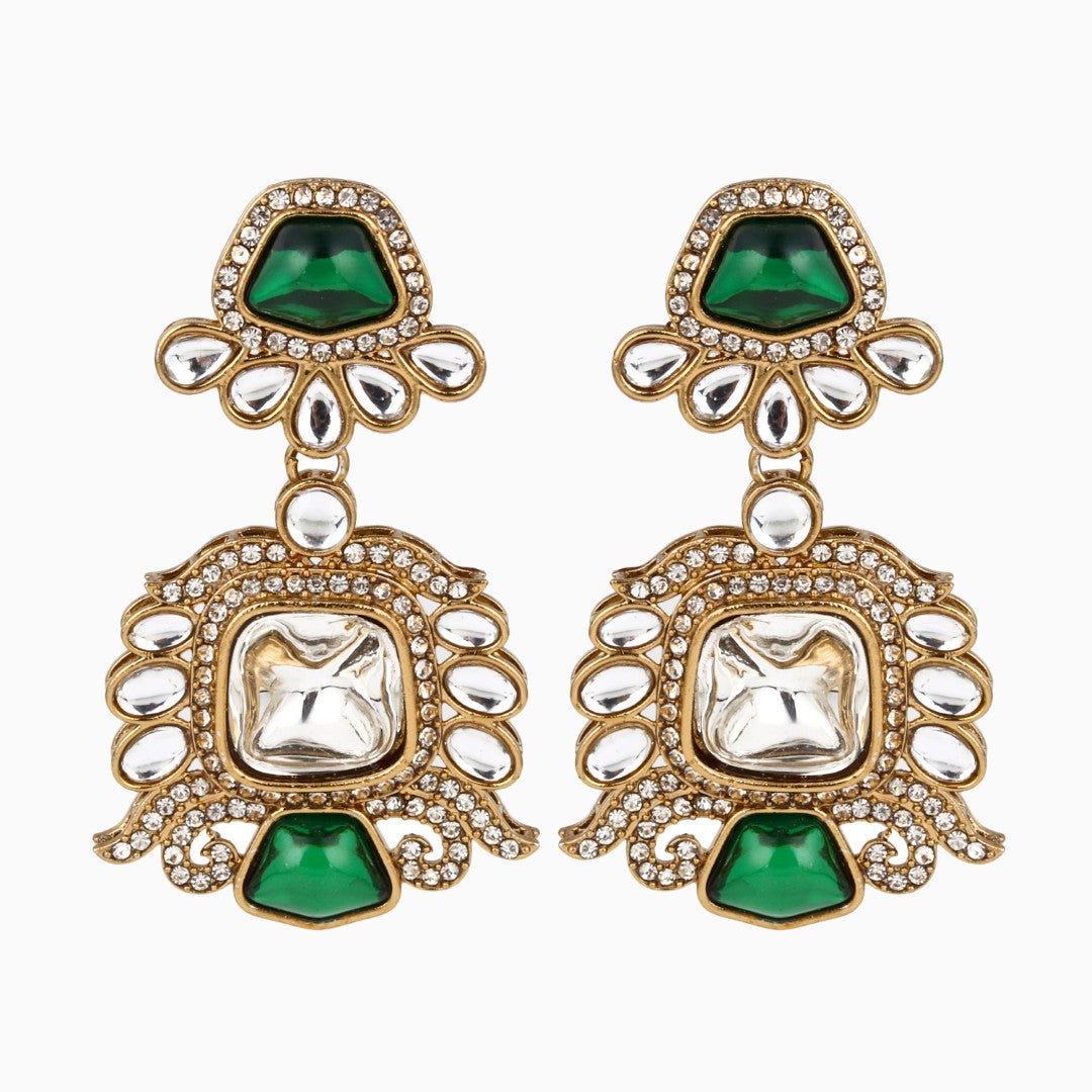 Gold plated kundan Drop Earrings Green