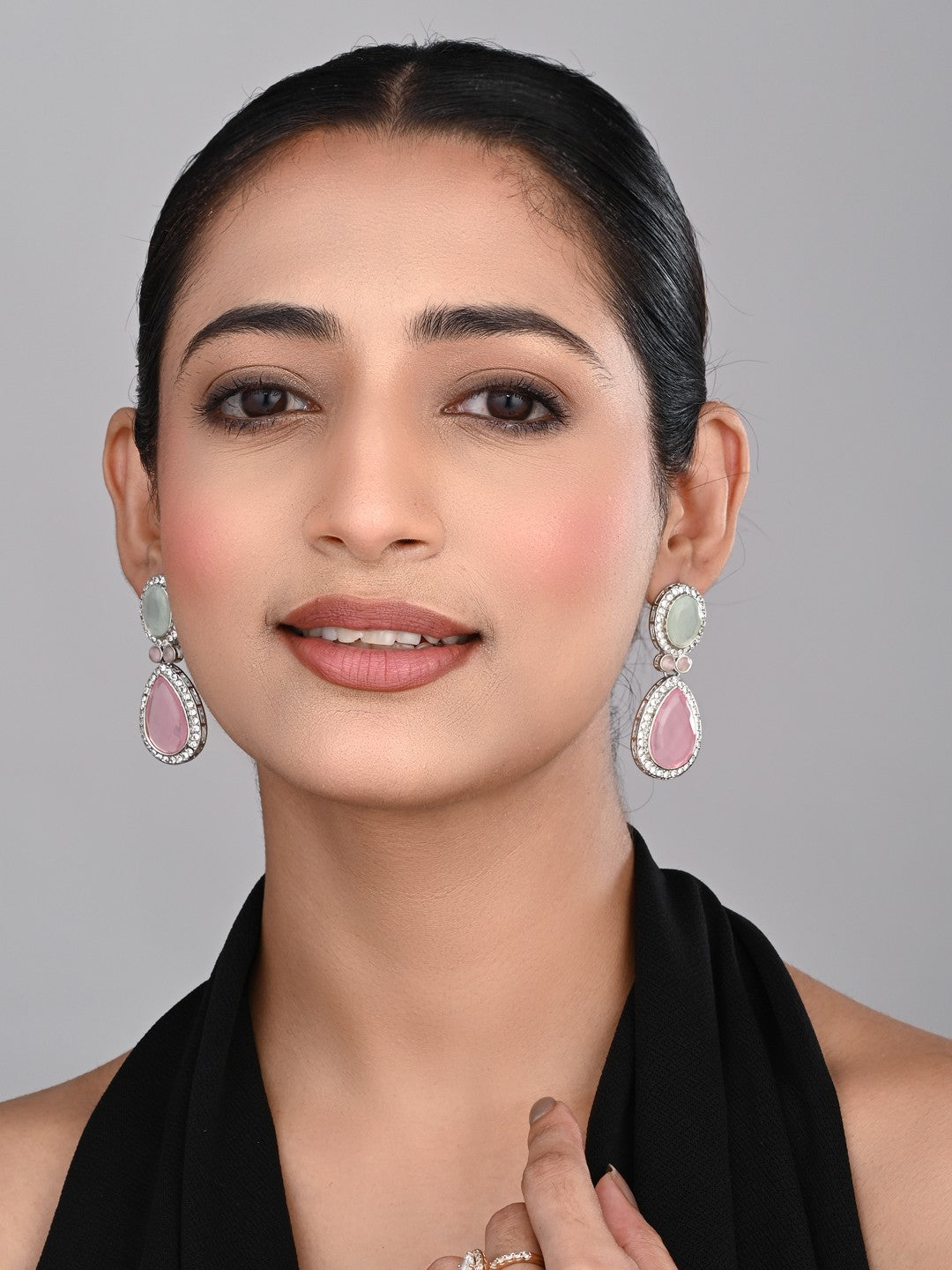 AD stone Tear drop earrings Sage green & Pink