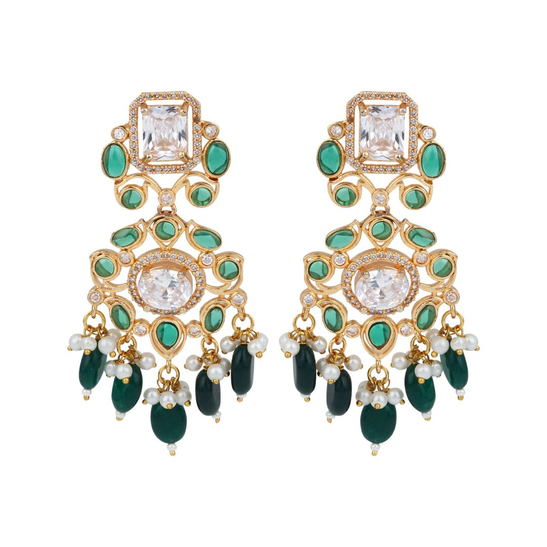 Gold plated Kundan & AD stone chandbali bali - Green