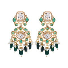 Gold plated Kundan & AD stone chandbali bali - Green