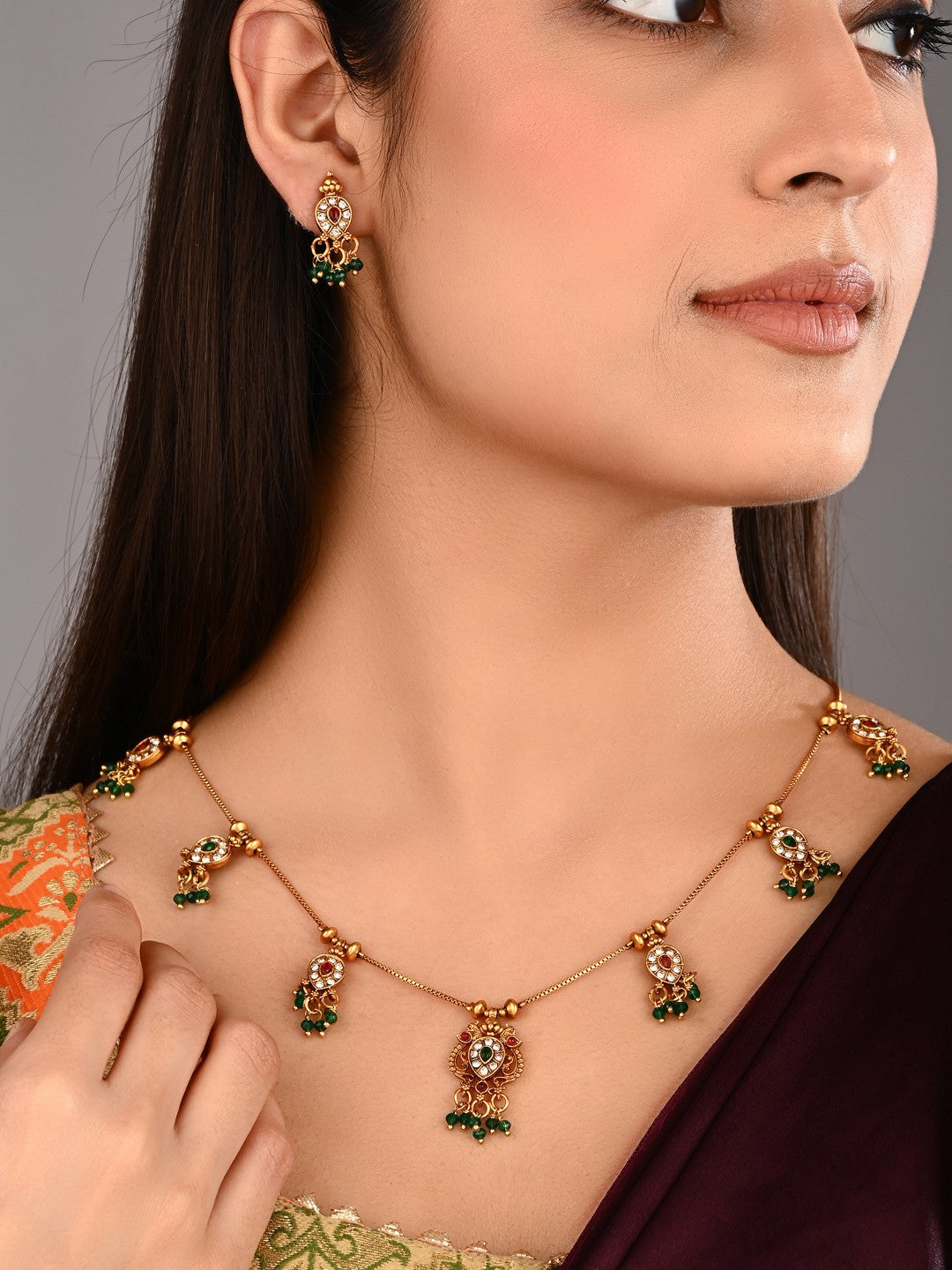 Ruby Emerald Filigree Necklace Earrings Set