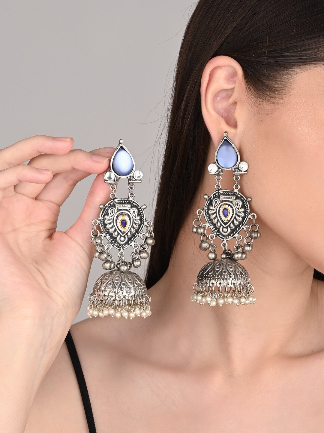 Silver oxydised lightweight long Jhumka Earring - Blue