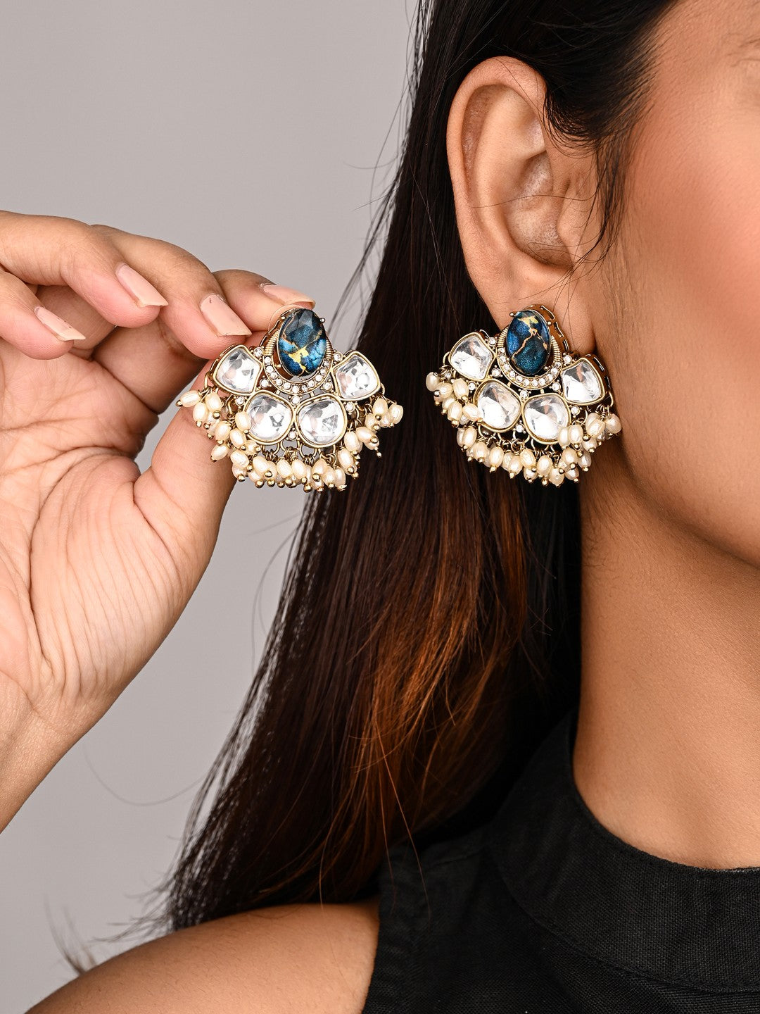 Gold-Plated Blue Kundan Half Chandbali Earrings