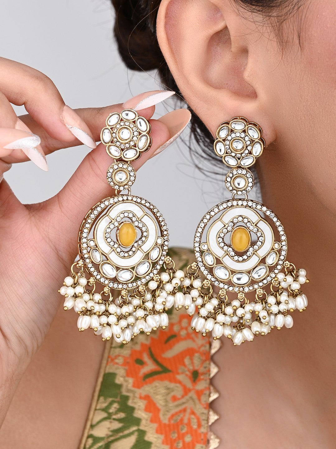 Cream & Citrine Chandbali Drop Earrings