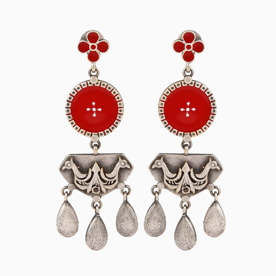Silver Oxidised finish Red hand painted camel drop earring