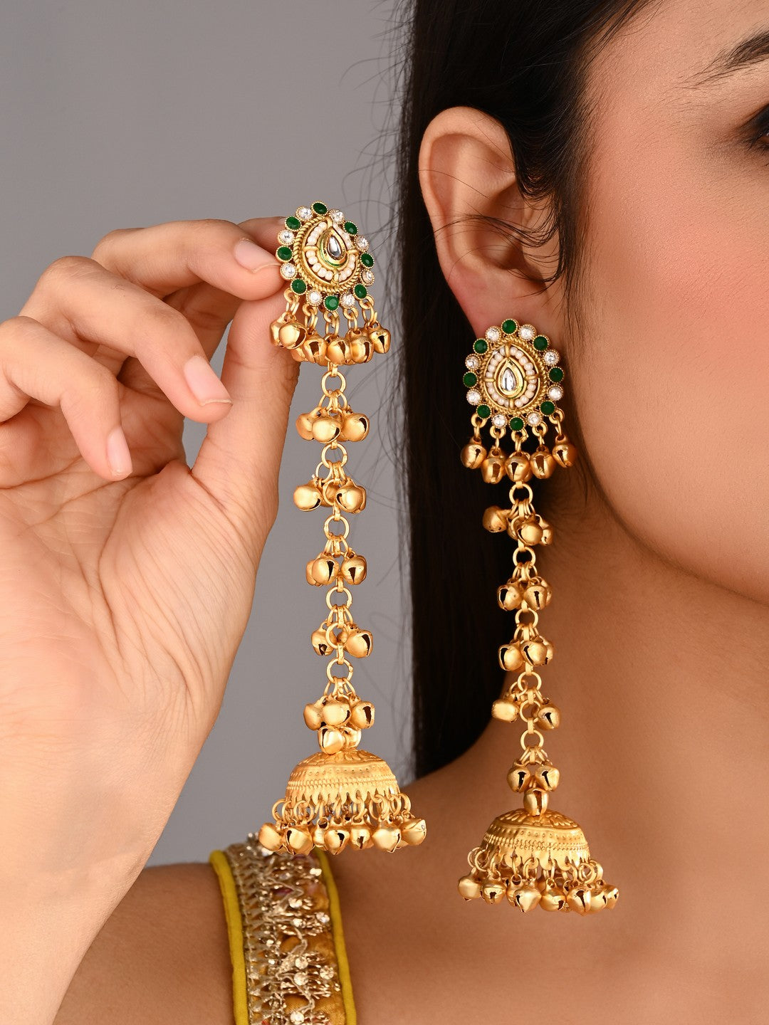 Kashmiri Long drop Jhumka Earring - Green