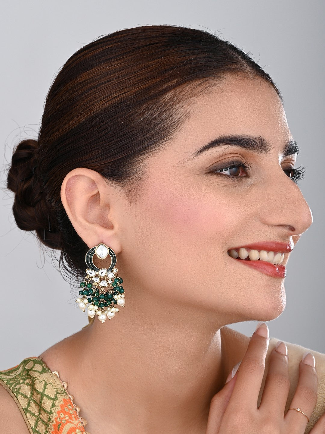 Gold-Plated Meenakari Stud Earrings with Kundan & Pearl Cluster drops - Green