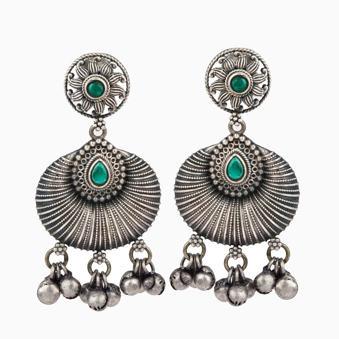 Silver oxidised finish chandbali Green