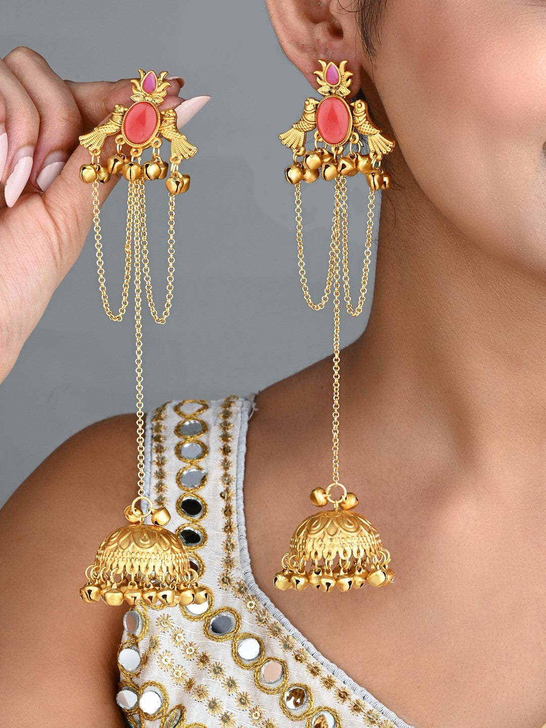 ruby Red Temple Jhumka Earrings with Chain Tassels