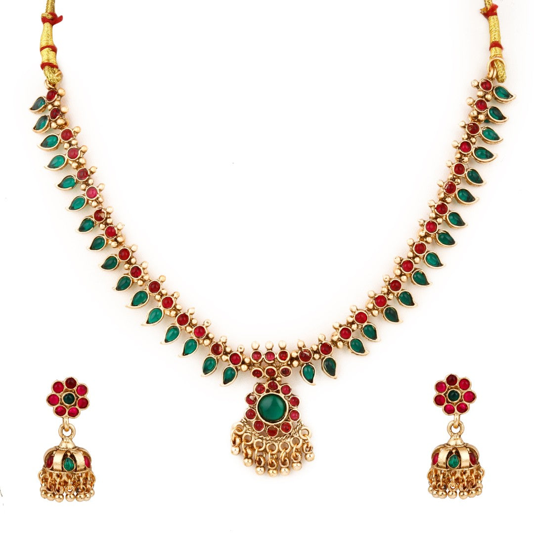Red & green stone traditional necklace set