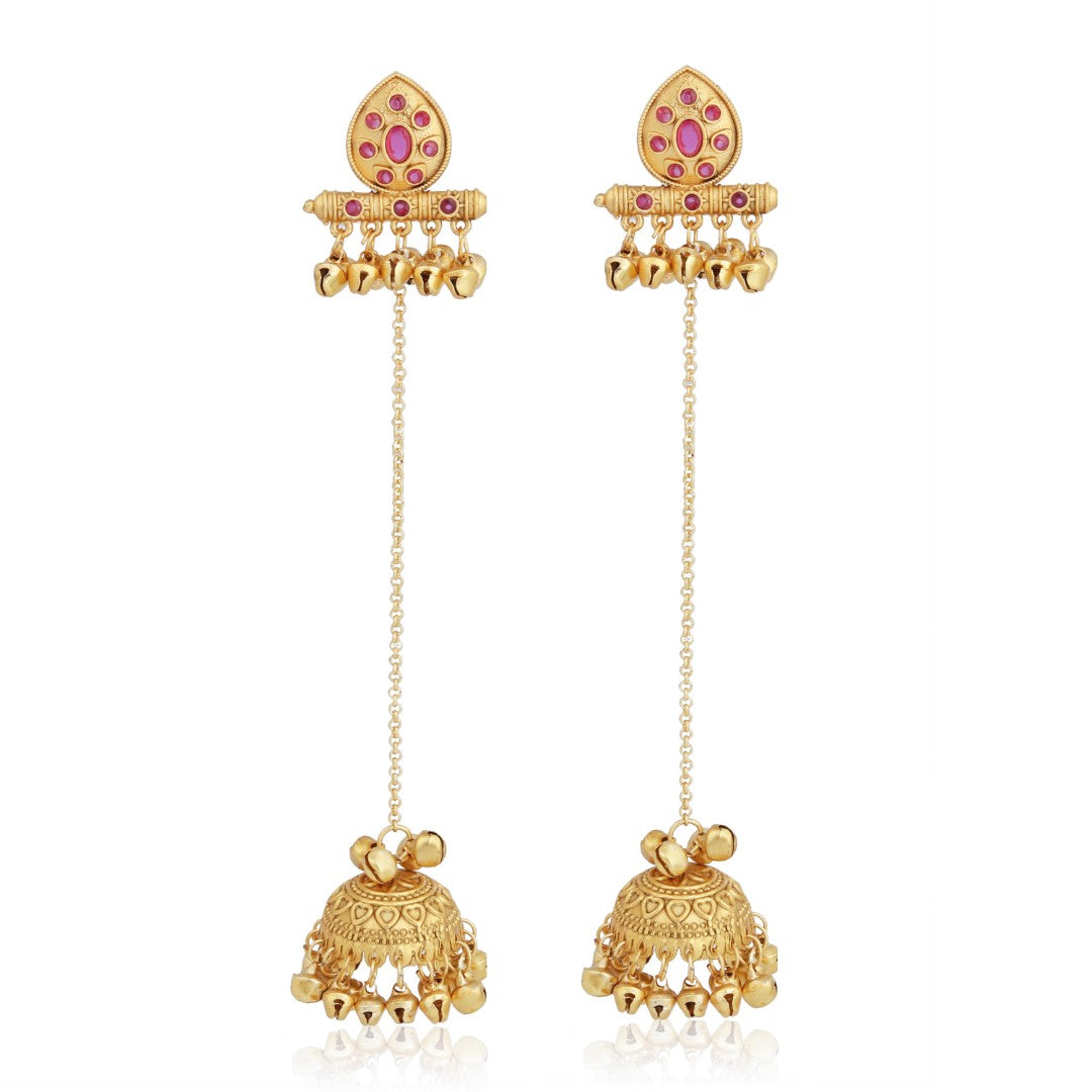 Ruby Temple Jhumka Earrings with Long Chain Tassels