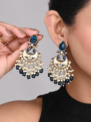 Gold-Plated Meenakari Stud Earrings with Kundan & Pearl Cluster drops - blue