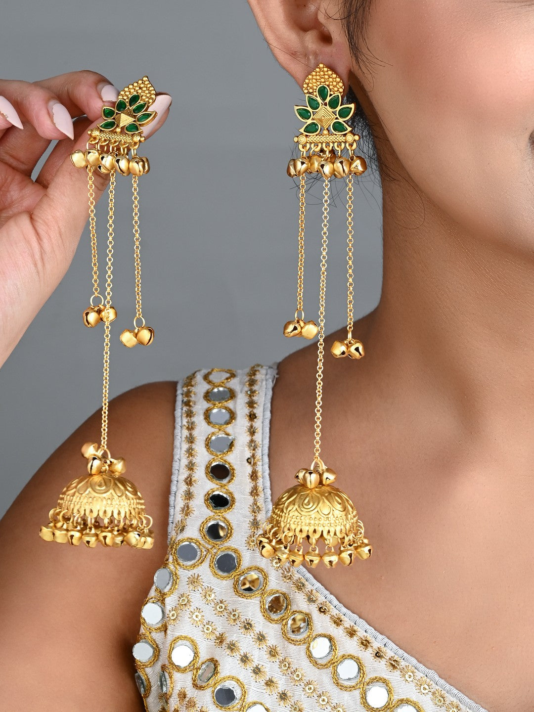 Floral Jhumka Earrings with Ghungroo Chain Tassels green