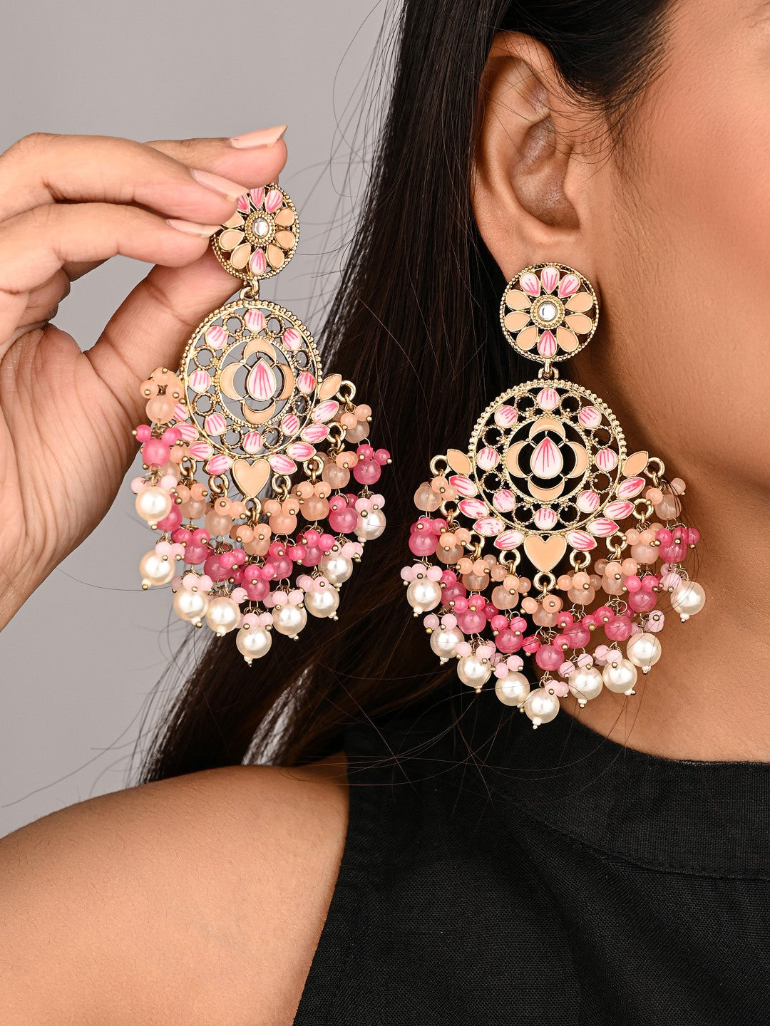 Vibrant Peach & Pink Chandelier Pearl Drop Earring