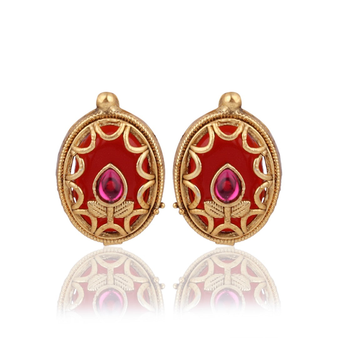 Floral Kundan Pendant Necklace & Stud Earrings Set Red