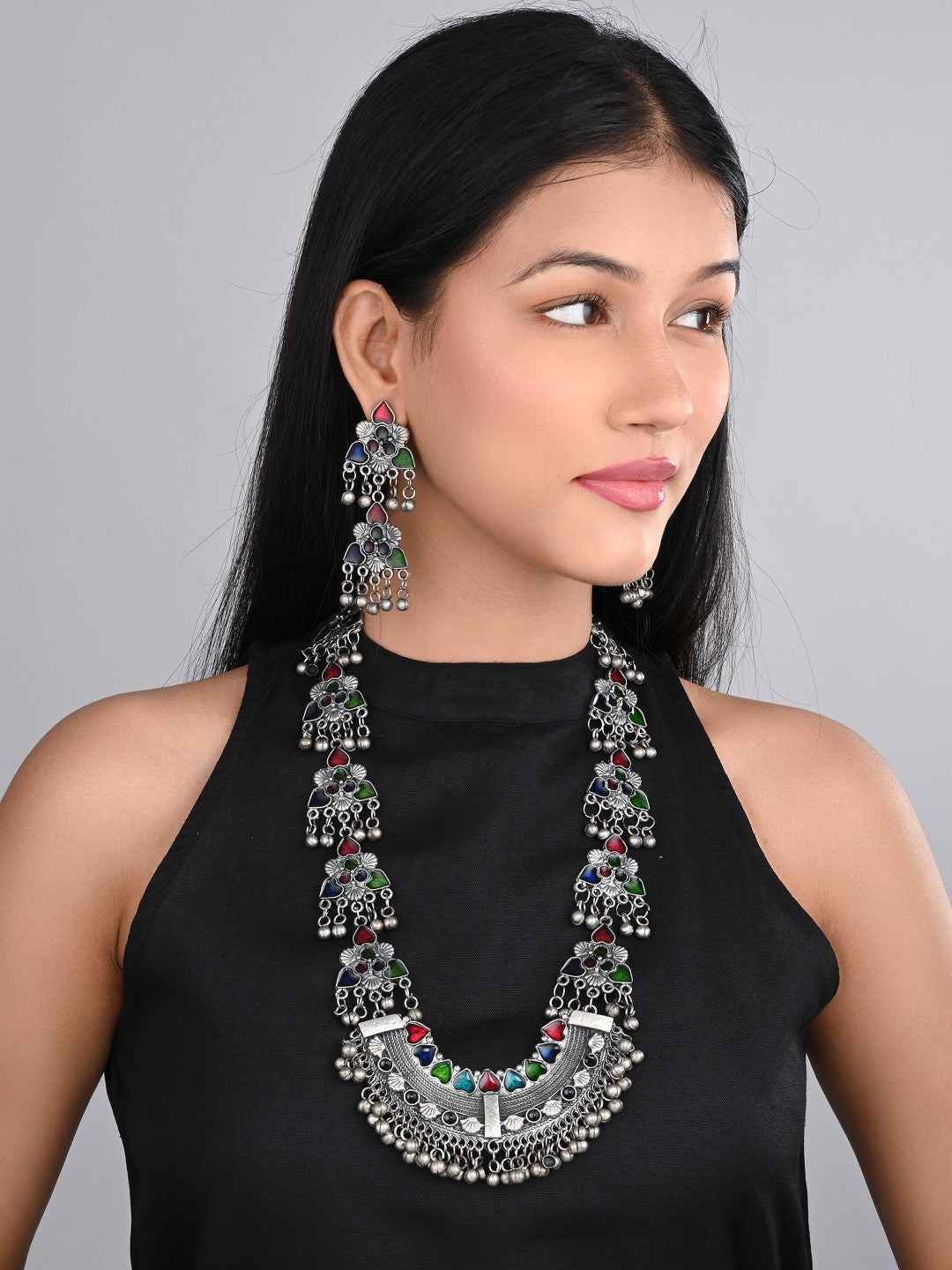 Silver Oxidised Finish Meenakari Necklace Set