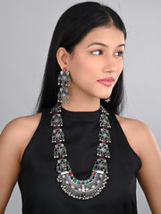 Silver Oxidised Finish Meenakari Necklace Set