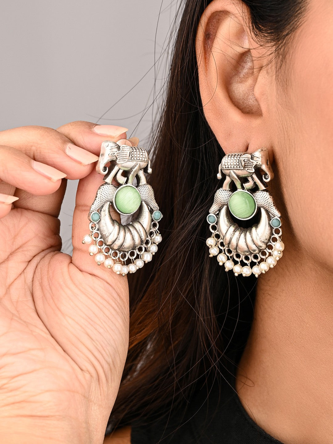 Oxidised Silver Elephant Motif Earrings with Mint Stone